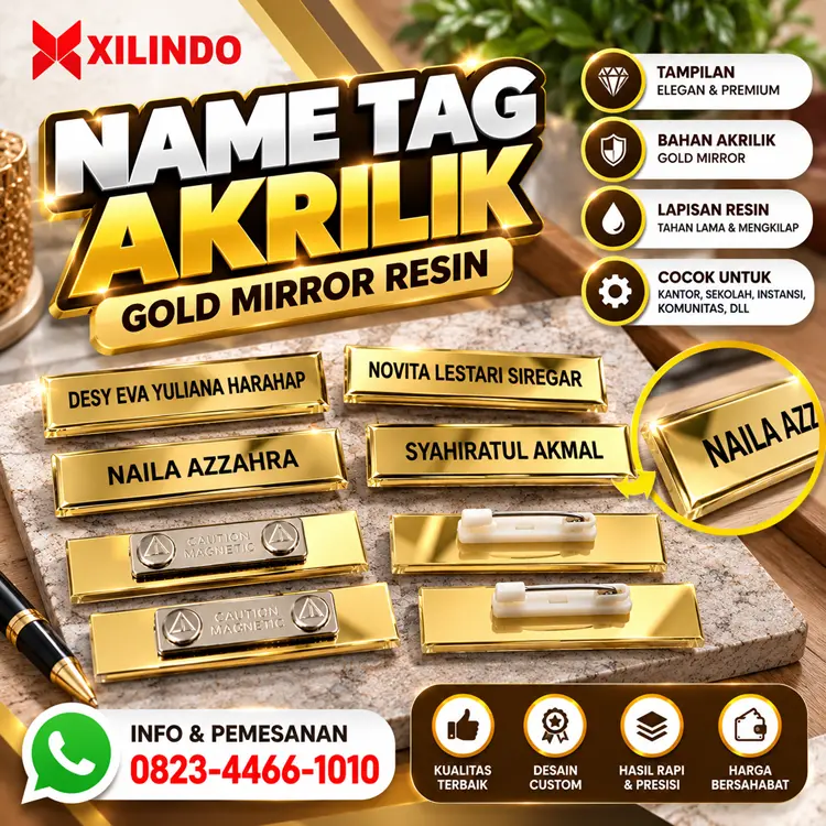 Name Tag Akrilik Gold Mirror Resin Name Tag Akrilik Gold Mirror Resin - Gambar 1